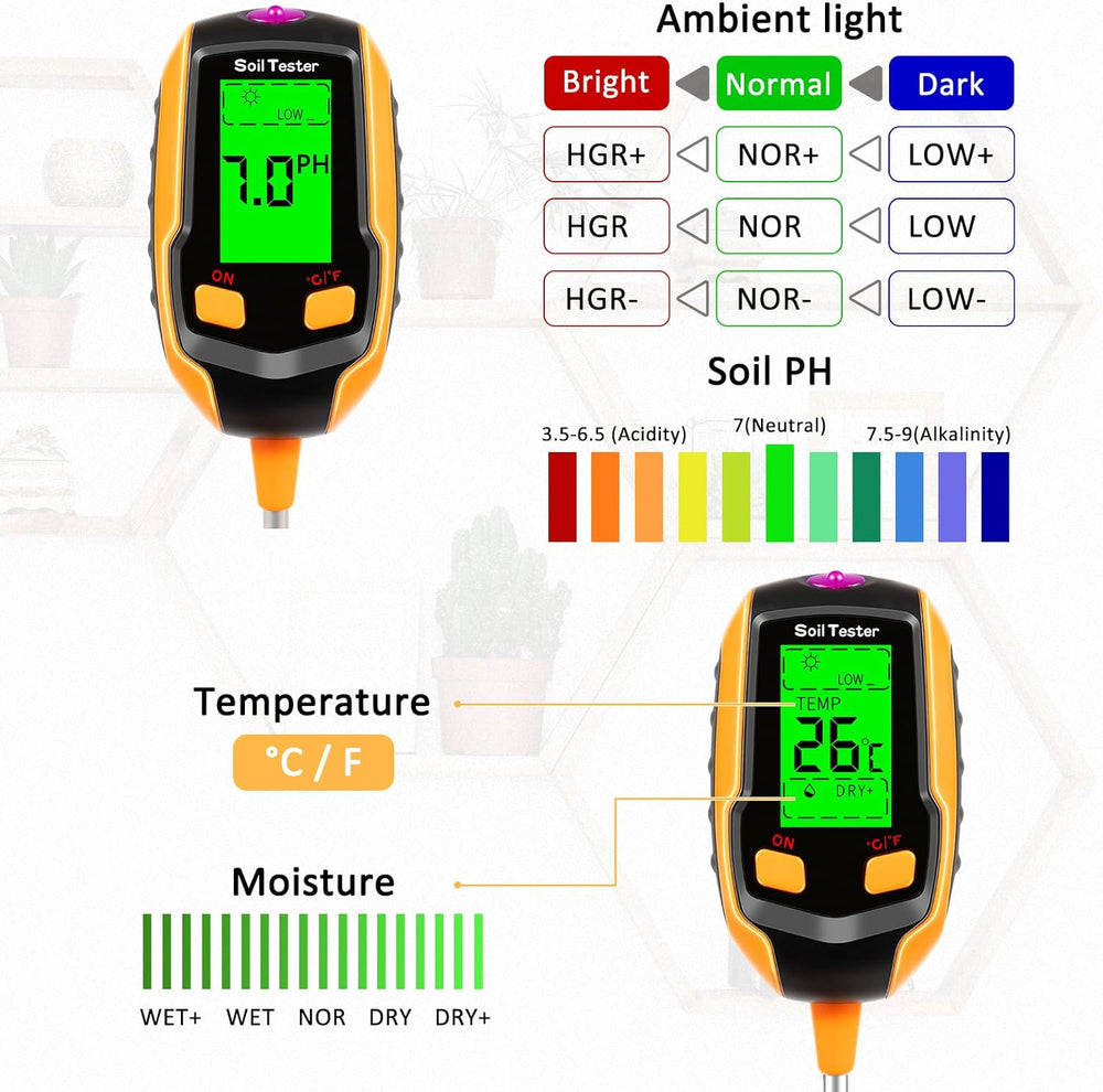 4-in-1 Soil Moisture Meter Digital Plant Temperature/Soil Moisture/PH Meter/Sunlight Intensity/Environment Humidity Backlight LCD display Soil Test Meter for Gardening, Farming and Outdoor Plants